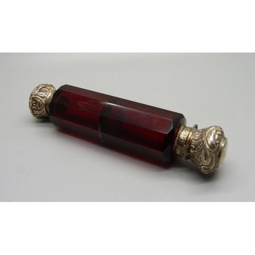 855 - A ruby glass double scent bottle, (hinge a/f, top dented)