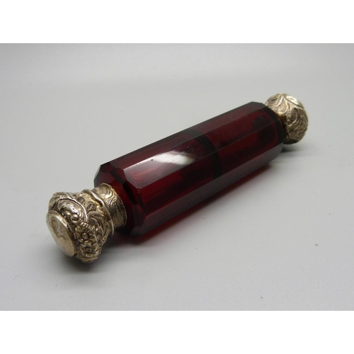 855 - A ruby glass double scent bottle, (hinge a/f, top dented)