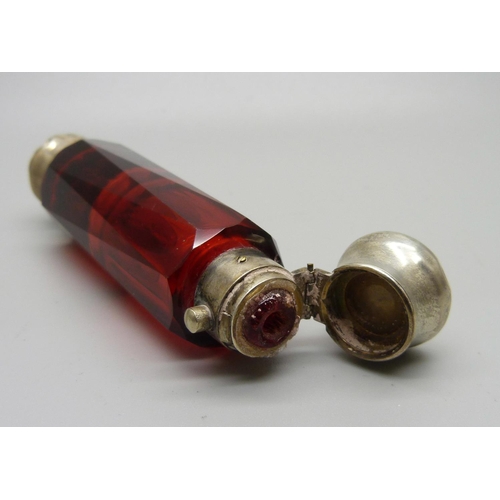 856 - A ruby glass double scent bottle, a/f