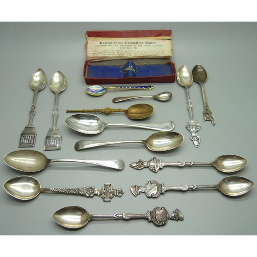 869 - Four silver spoons, 68g, seven spoons marked .800, 98g, and three other spoons