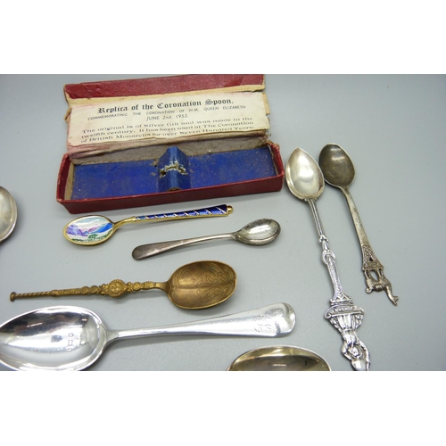 869 - Four silver spoons, 68g, seven spoons marked .800, 98g, and three other spoons