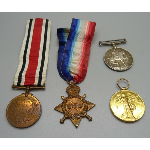 876 - Family medals, a pair of WWI medals to 21557 Pte. J Emond W. Rid. R., a WWI Star to 89454 S. Sth.-A-... 