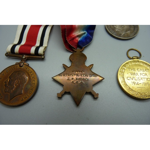 876 - Family medals, a pair of WWI medals to 21557 Pte. J Emond W. Rid. R., a WWI Star to 89454 S. Sth.-A-... 