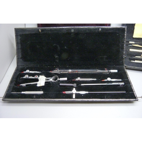 891 - Three vintage precision drawing instruments, cased, (one part set)