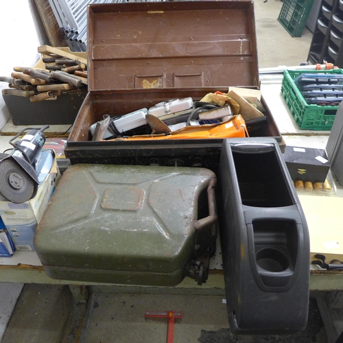 2060 - A metal tool box with vintage tools, Jerry can and centre car console