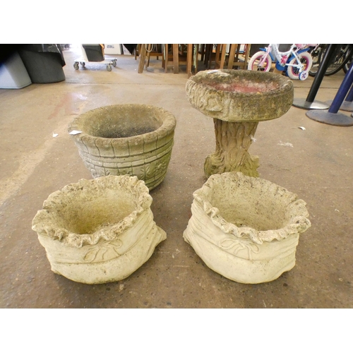 2239 - 3 Planters and a bird bath