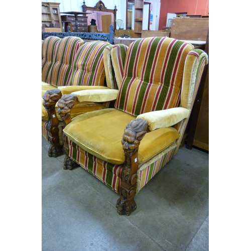 184 - An eastern carved hardwood and fabric upholstered three piece suite