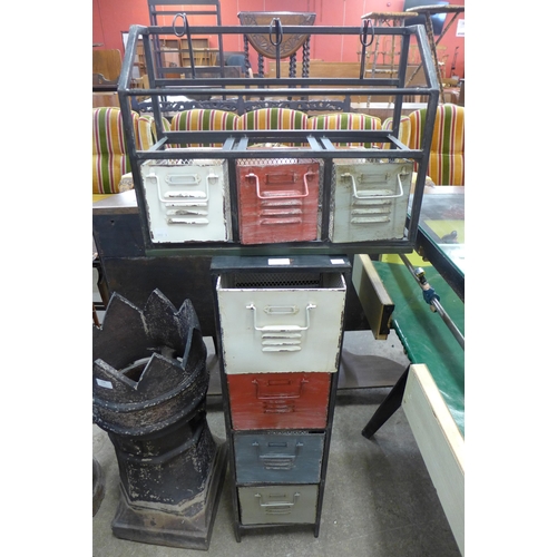 237 - An industrial style painted aluminium bank of drawers and a hanging wall shelf