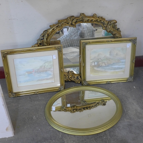 304 - A gilt framed mirror, two prints and one other