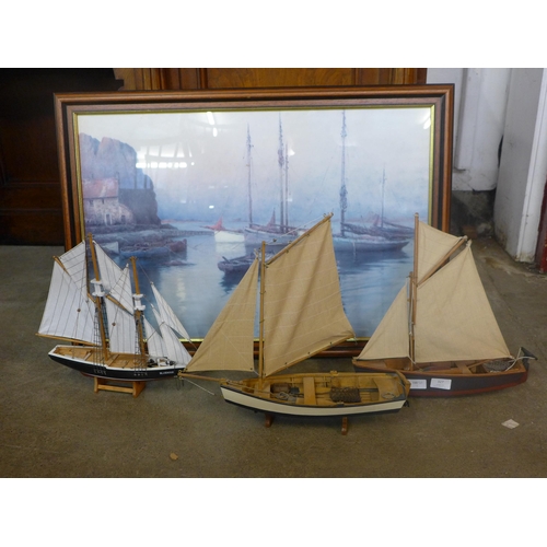 327 - Three model ships and a framed picture of a harbour scene