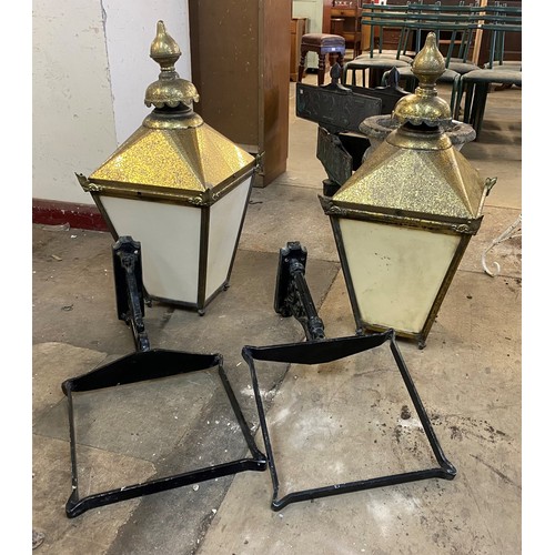 227 - A pair of Victorian style brass street lanterns and brackets