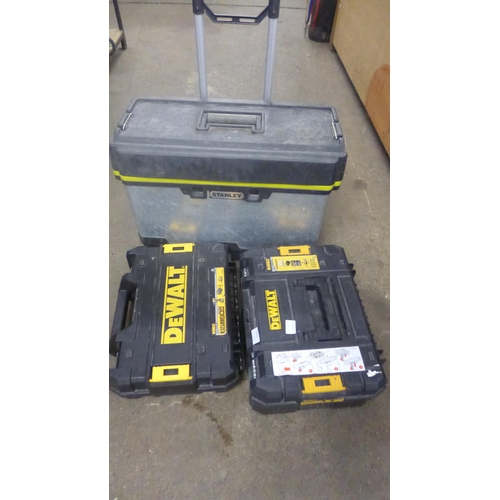 2424 - 2 Dewalt tool boxes and a Stanley tool trolley with tray