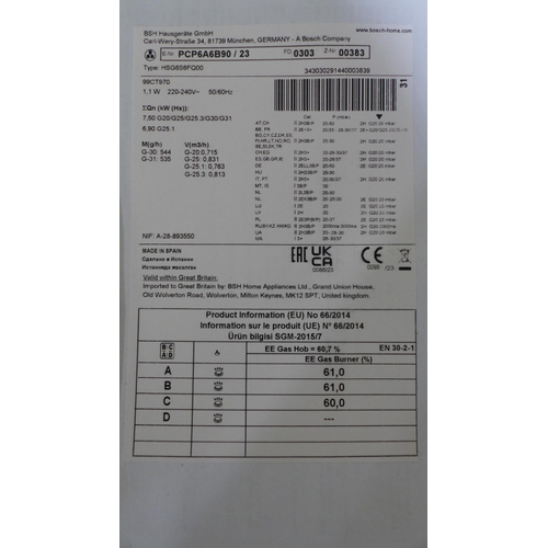 3002 - Bosch Gas 4 Burner Hob With Flameselect H45xW582xD520   -  Model No  PCP6A6B90  , Original RRP £237.... 