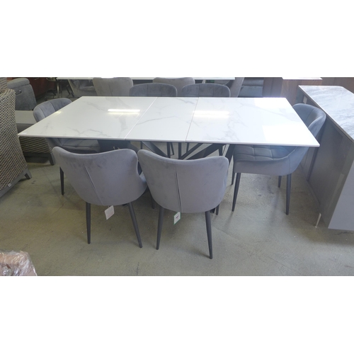 1457 - A marble effect extending dining table with a set of six Kos graphite velvet pinched back dining cha... 