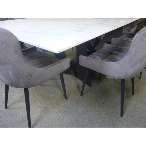 1464 - A marble effect large extending dining table with a set of six Kos graphite velvet pinched back dini... 