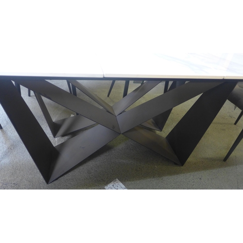 1464 - A marble effect large extending dining table with a set of six Kos graphite velvet pinched back dini... 