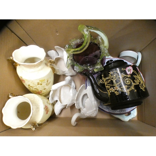 1134 - Mixed china, vases, swans, glass basket and a Victorian black teapot **PLEASE NOTE THIS LOT IS NOT E... 