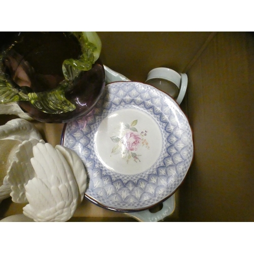 1134 - Mixed china, vases, swans, glass basket and a Victorian black teapot **PLEASE NOTE THIS LOT IS NOT E... 