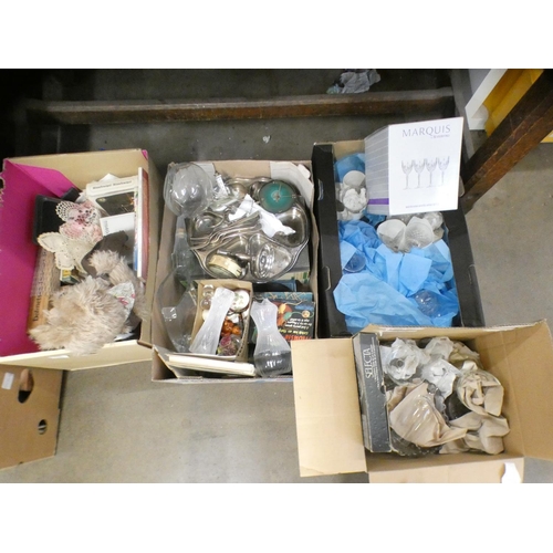 1140 - Two boxes of plated ware, a teddy bear, glass vases and other household items **PLEASE NOTE THIS LOT... 