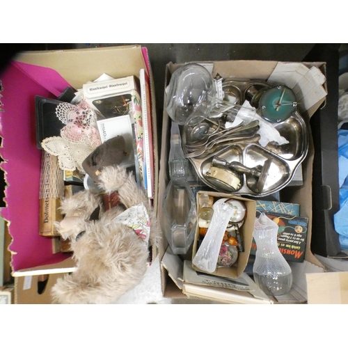 1140 - Two boxes of plated ware, a teddy bear, glass vases and other household items **PLEASE NOTE THIS LOT... 