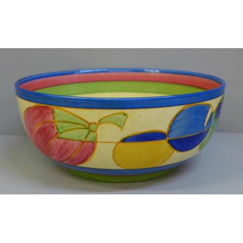 601 - A Clarice Cliff Fantasque Bizarre Melon pattern fruit bowl, 21cm, paint scratched and staining insid... 