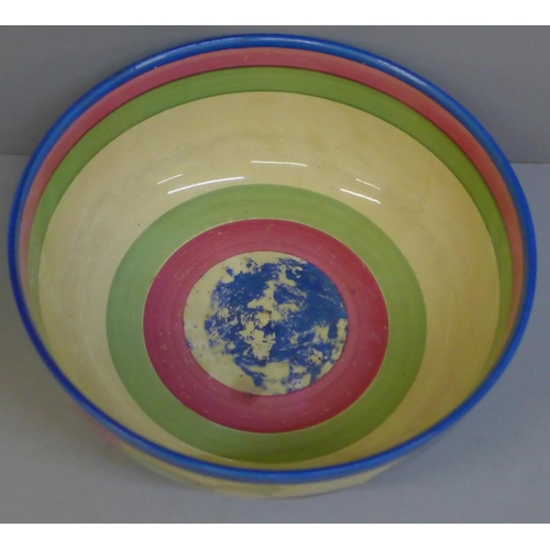 601 - A Clarice Cliff Fantasque Bizarre Melon pattern fruit bowl, 21cm, paint scratched and staining insid... 