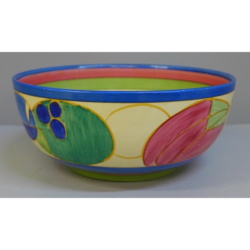 601 - A Clarice Cliff Fantasque Bizarre Melon pattern fruit bowl, 21cm, paint scratched and staining insid... 