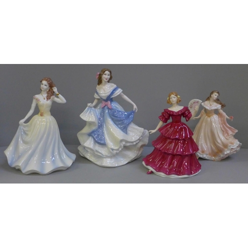 603 - Two Royal Doulton figures, a Coalport figure and a Royal Worcester figure, with boxes