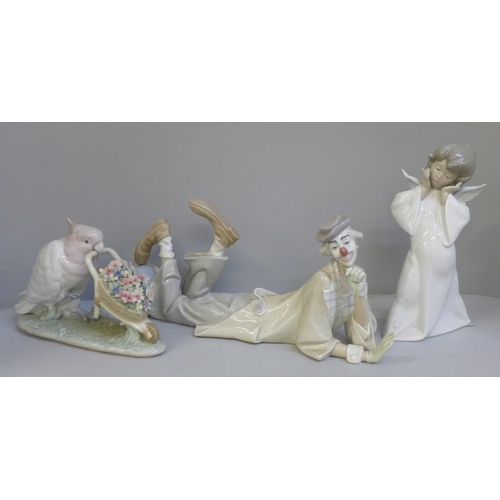 604 - Three Lladro figures, two boxed:- Mime Angel, How Skillful and Clown