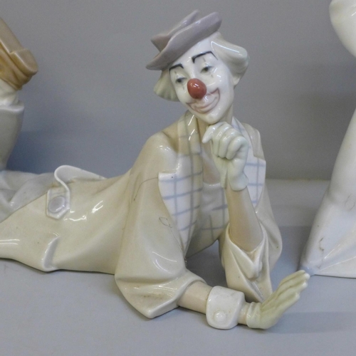 604 - Three Lladro figures, two boxed:- Mime Angel, How Skillful and Clown