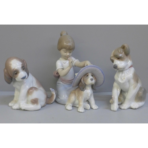 607 - Three Lladro figures, boxed:- Gentle Surprise, An Elegant Touch and New Friend