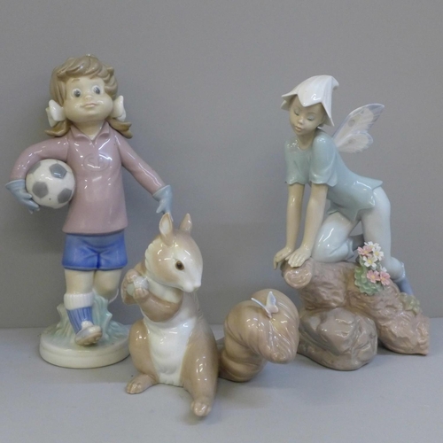 611 - Three Lladro figures; A Surprise Visit, Price of Elves, Boy Football, two boxed