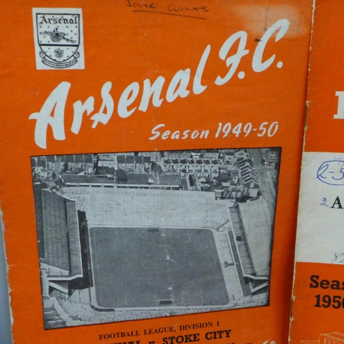 619 - Football memorabilia:- eleven Arsenal home programmes from the 1940s and 1950s together with their o... 