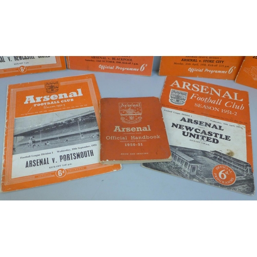 619 - Football memorabilia:- eleven Arsenal home programmes from the 1940s and 1950s together with their o... 