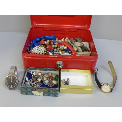 637 - Costume jewellery in red cash box