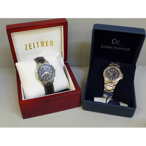 651 - Two designer watches, Zeitner and Claude Valentini, boxed