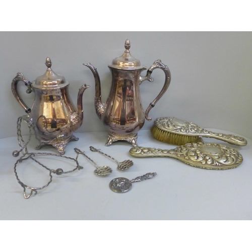 659 - Silver plated teapots/coffee pot, etc. and a  small silver mirror