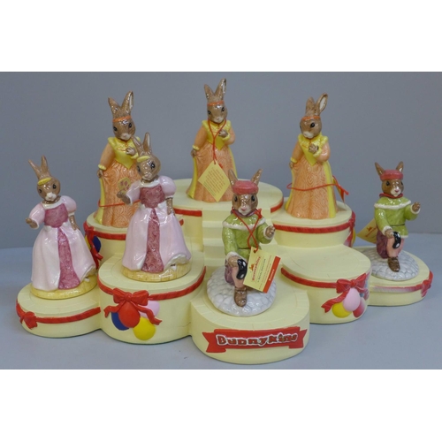 660 - Royal Doulton Bunnykins Romeo and Juliet figures, two Cinderella figures and Cinderella base, all bo... 