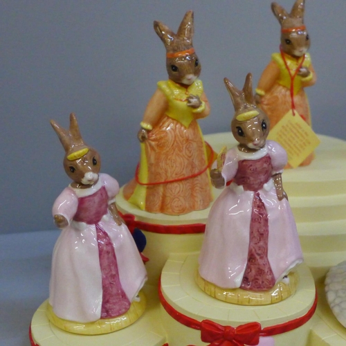 660 - Royal Doulton Bunnykins Romeo and Juliet figures, two Cinderella figures and Cinderella base, all bo... 