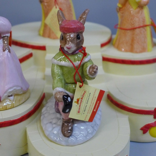 660 - Royal Doulton Bunnykins Romeo and Juliet figures, two Cinderella figures and Cinderella base, all bo... 