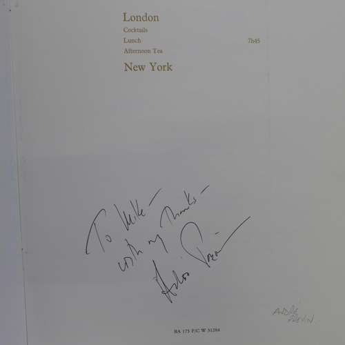 689 - Autographed British Airways menus:- Patrick McNee (Avengers), Andre Previn, Maria Bueno