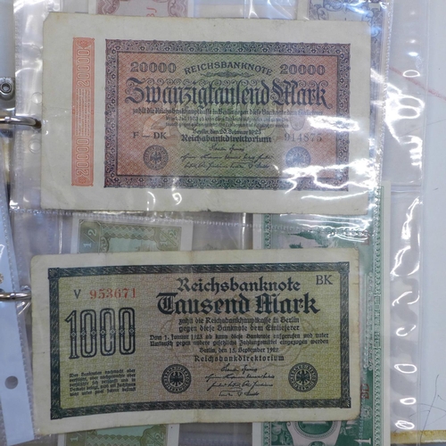 690 - Bank notes; collection of worldwide bank notes in album, (28)