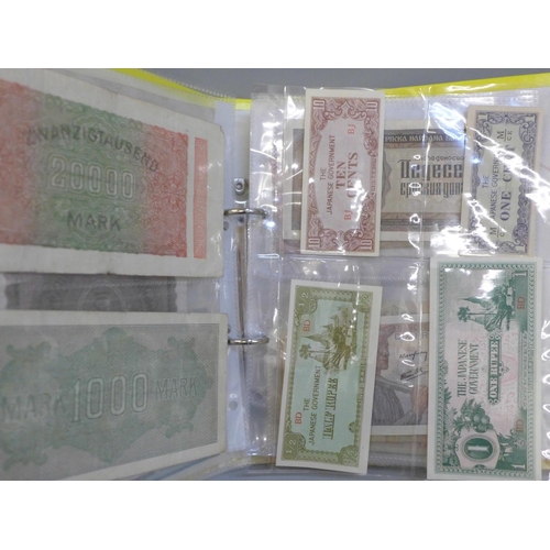 690 - Bank notes; collection of worldwide bank notes in album, (28)