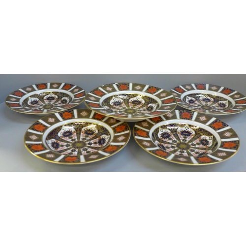 697 - Six Royal Crown Derby 1128 Imari soup bowls, first quality, 21.5cm, (10½