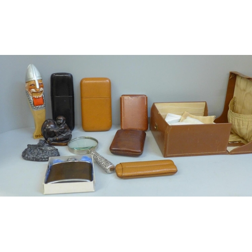 720 - A leather collar box, cigar cases and an original Wolf sculpture, etc.