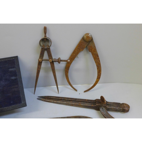 729 - Two Moore & Wright micrometers, drawing tools, two tape measures, etc.