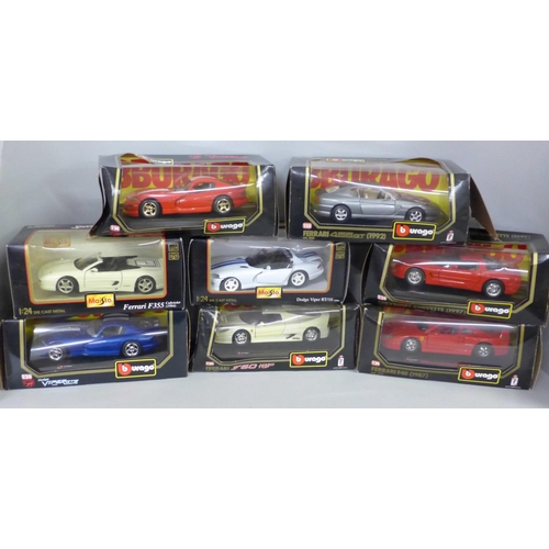 757 - Eight Burago and Maisto die-cast model sports cars, boxed