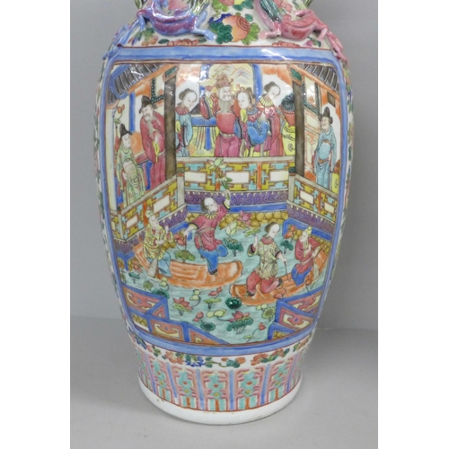 771 - A 19th Century Chinese export famille rose large temple vase, rim restored, 64cm