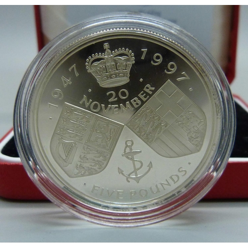 859 - A 1997 Golden Wedding Anniversary, (1947-1997), silver proof £5 coin, boxed with certificate