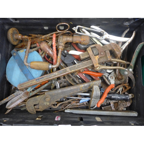 2020 - A bundle of hand tools including large wrench, pliers, scissors, drill bits, etc.